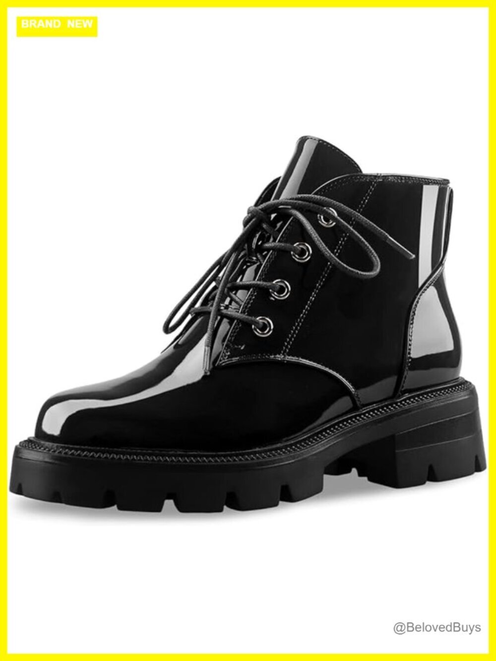 Patent Leather Lug Sole Combat Boots Chunky Heel Ankle Booties Lace Up Zip